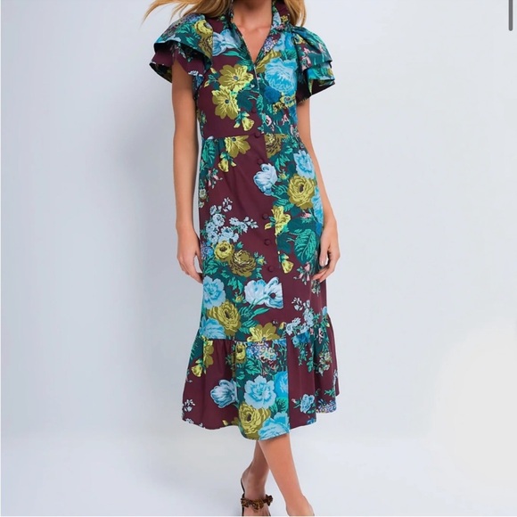 Tuckernuck Dresses & Skirts - Floral Midi Dress with Ruffle Sleeves - Burgundy Floral NWT